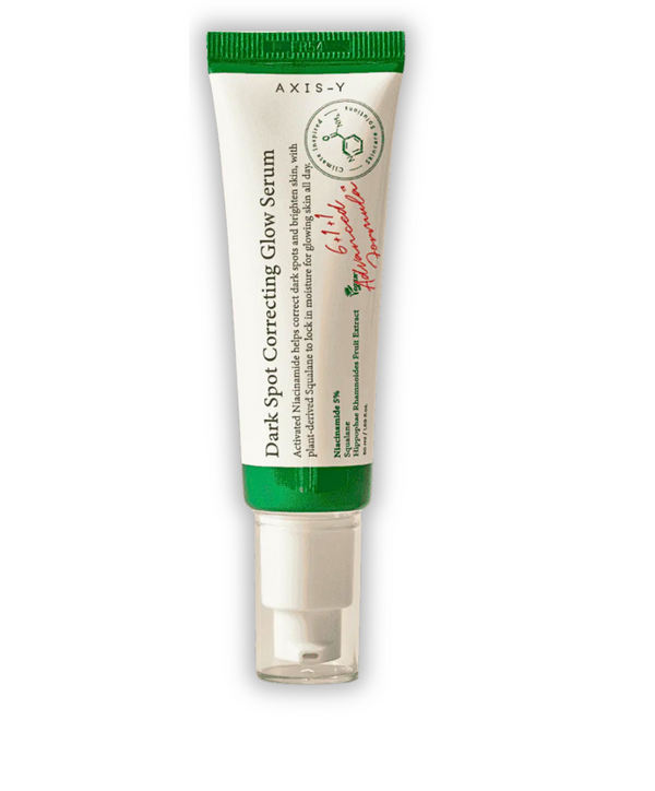 A bottle of AXIS-Y Dark Spot Correcting Glow Serum, 50ml, with a white and black label.