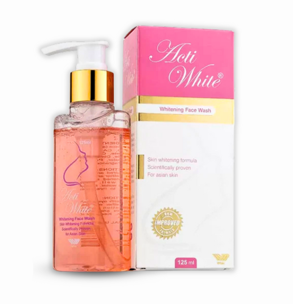  "Acti White Face Wash 125ml bottle, highlighting ingredients like Glutathione and Kojic Acid"