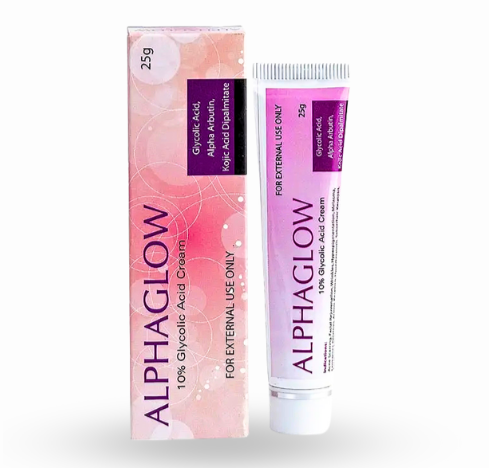 Alphaglow Cream 25gm box featuring ingredients 10% Glycolic Acid, Alpha Arbutin, and Kojic Acid Dipalmitate
