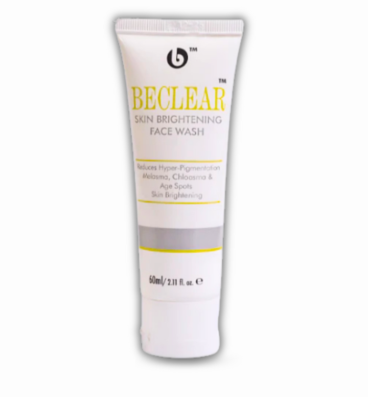 "BECLEAR Skin Brightening Face Wash 60ml bottle, highlighting ingredients like Vitamin E and Licorice Extract".