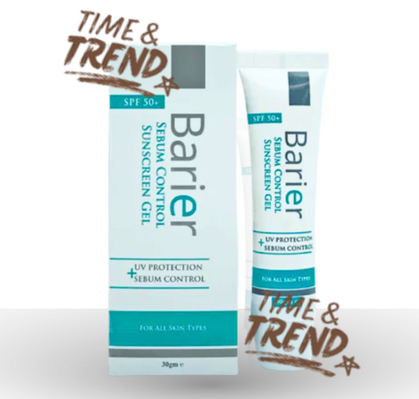 Product image of Barier Sebum Control Sunscreen Gel, SPF 50+. A lightweight, oil-free, gel-based sunscreen that provides broad-spectrum UVA and UVB protection with a matte finish for oily and acne-prone skin. The packaging is a squeeze tube. 
