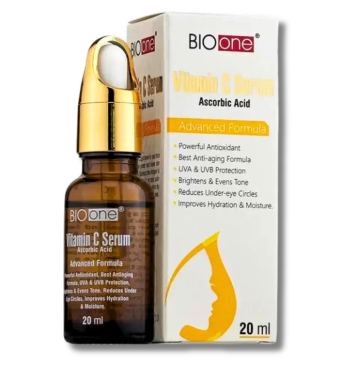 Bio One Vitamin C Serum 20ml with Ethyl Ascorbic Acid and Hyaluronic Acid for antioxidant protection, brightening, and anti-aging