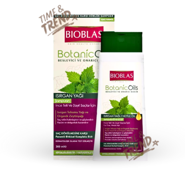 A 360ml bottle of Bioblas Nettle Oil Shampoo, featuring a green and brown label with a graphic of nettle leaves.
