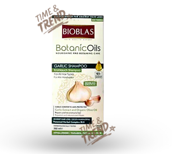 A 360ml bottle of Bioblas Garlic Shampoo with a purple label and a graphic of black garlic cloves.