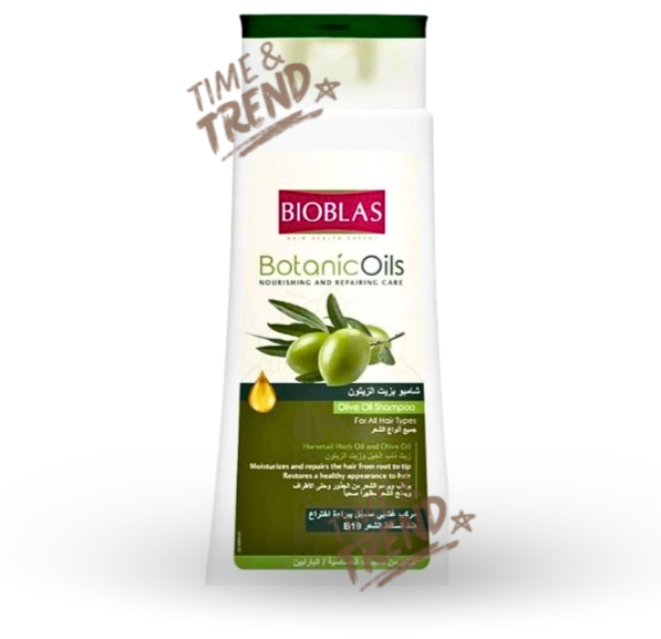 A 360ml bottle of Bioblas Olive Oil Shampoo with a green label featuring an olive branch.
