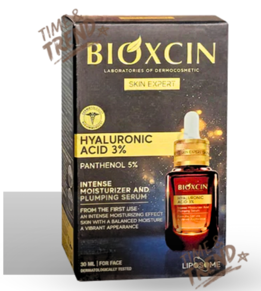 A 30ml glass bottle of Bioxcin Hyaluronic Acid 3% Serum with a dropper. The label is white with accents of light blue text.
