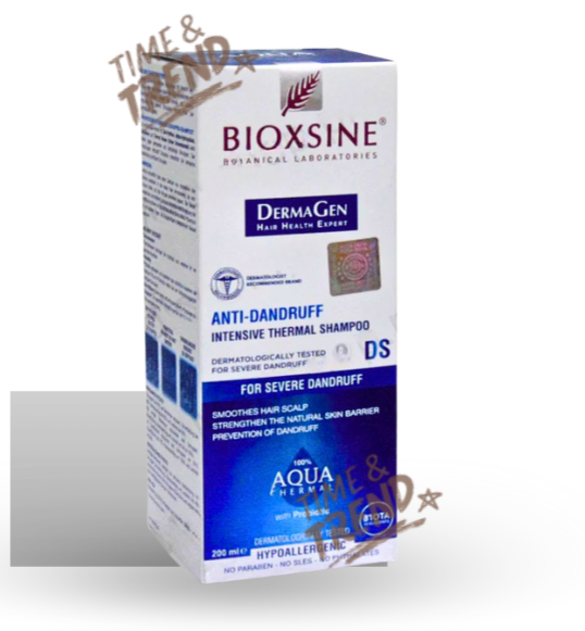 A 300ml bottle of Bioxsine Anti-Dandruff Shampoo, with a light blue and white label showing thermal water and anti-dandruff benefits.
