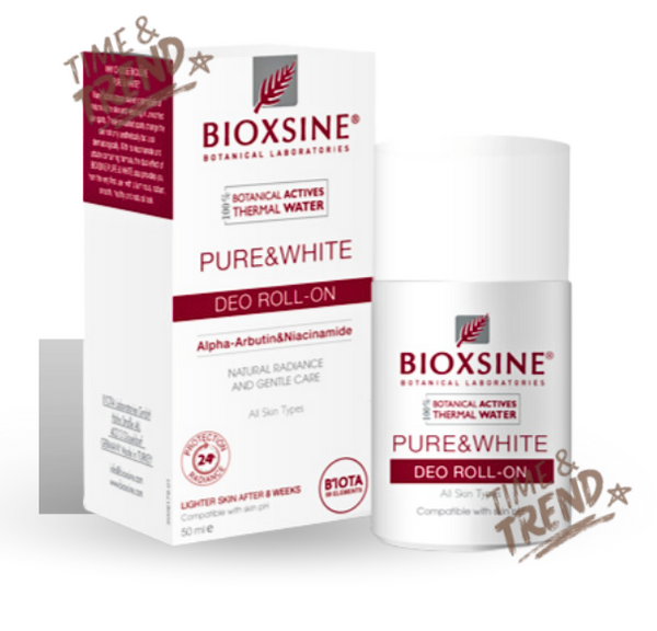 A 50ml bottle of Bioxsine Pure & White Deo Roll-On, with a white and gold label.
