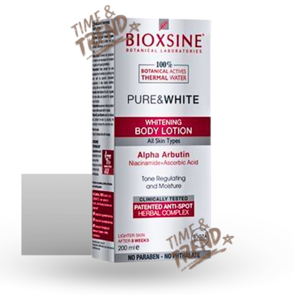 A 200ml bottle of Bioxsine Pure and White Whitening Body Lotion, with a white and gold label featuring botanical details.

