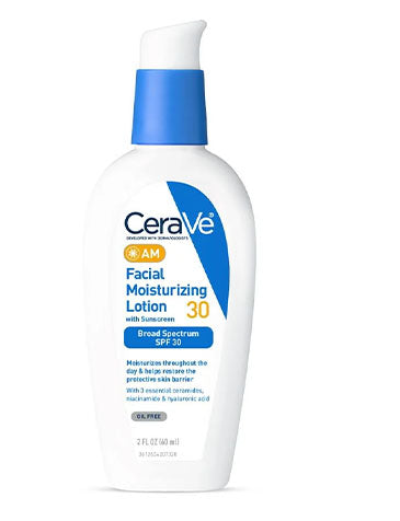 CeraVe AM Facial Moisturizing Lotion SPF 30 for daily hydration and sun protection, lightweight oil-free formula with ceramides and hyaluronic acid.