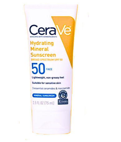 CeraVe Hydrating Sunscreen SPF 50 with ceramides and hyaluronic acid for sun protection and hydration