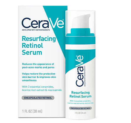 CeraVe Resurfacing Retinol Serum with encapsulated retinol, ceramides, and niacinamide for clearer and smoother skin