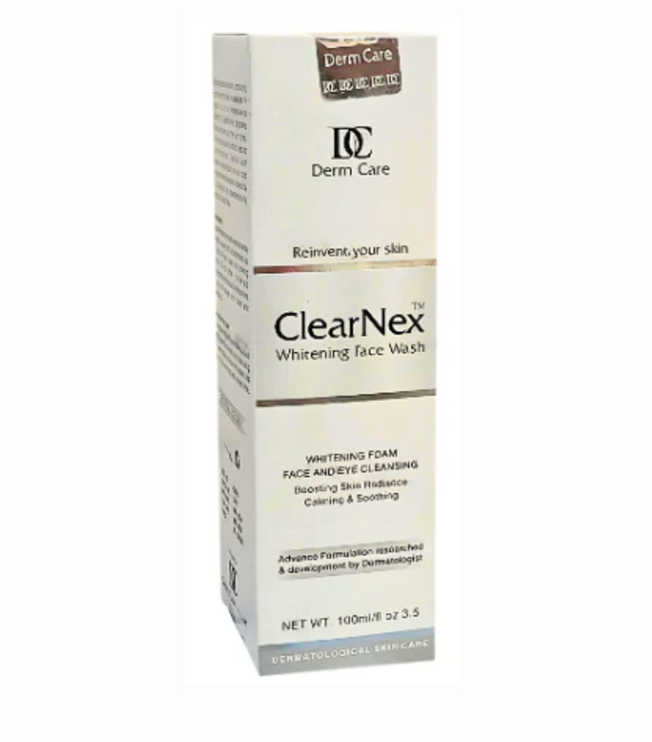 ClearNex Whitening Face Wash, 100ml, mentioning ingredients like Glutathione and Vitamin B3.
