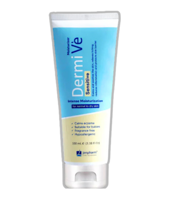 Bottle of Jenpharm DERMIVE SENSITIVE MOISTURIZER, 100ml, a fragrance-free formula.