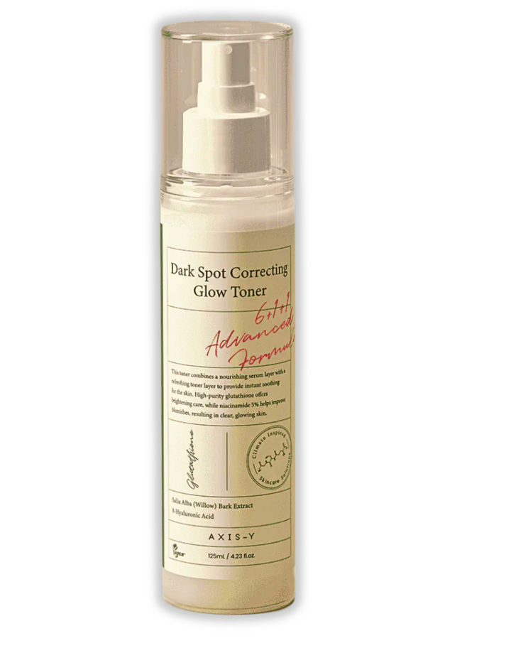 A bottle of AXIS-Y Dark Spot Correcting Glow Toner, 125ml, featuring a white and black label.