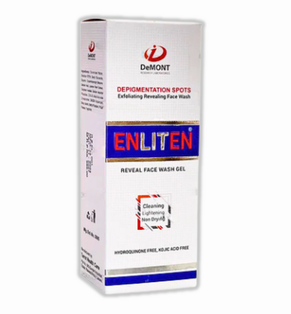 "Enliten Face Wash 100ml bottle, highlighting ingredients like Licorice Extract and Vitamin C."