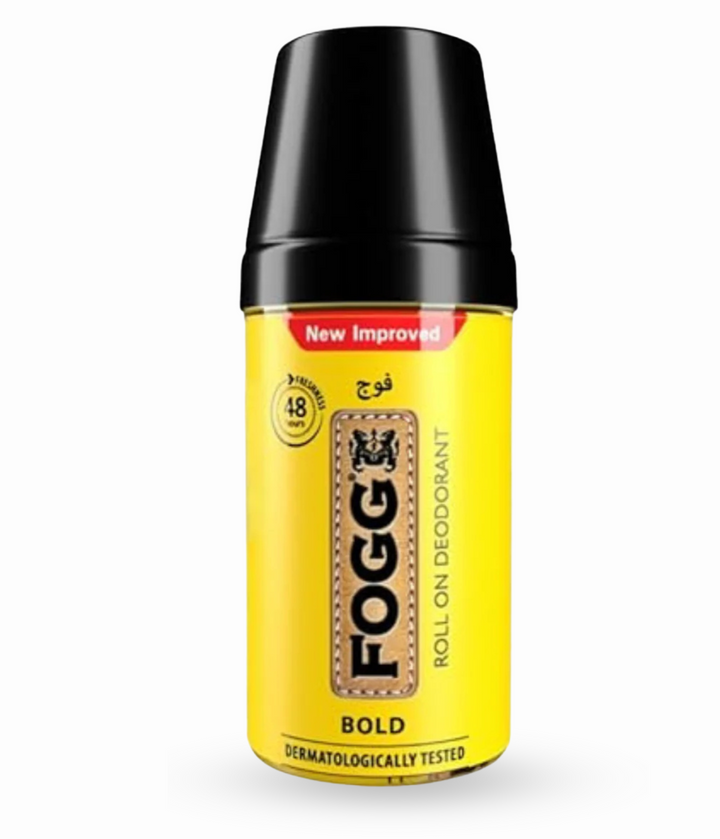 Fogg Bold Roll On Deodorant for men, 50ml bottle with a black cap and prominent 'Bold' text.
