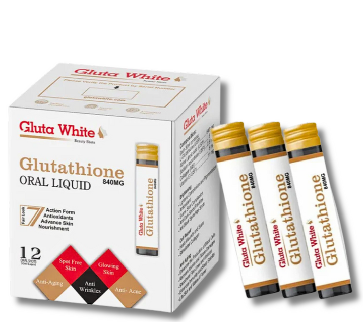 Product shot of a box of Gluta White glutathione oral shots, highlighting the 'skin brightening' and 'anti-aging' benefits