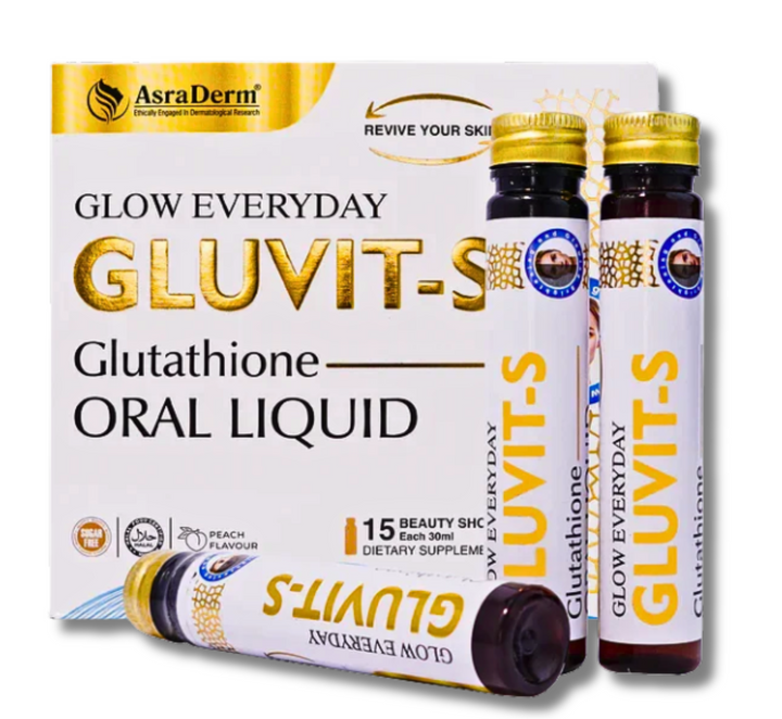 "Brighten and nourish your skin from within with Gluvit-S Glutathione Oral Liquid. A daily 30ml antioxidant drink that supports skin glow, whitening, and overall detox."