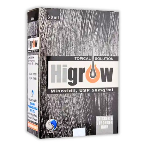 A bottle of Higrow Topical Solution, 2% 60ml, containing minoxidil for hair regrowth.