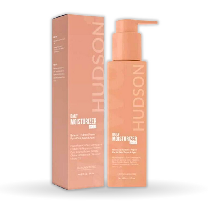  "Hudson Daily Moisturizer pH 5.5 100ml tube, designed to hydrate and protect the skin barrier".