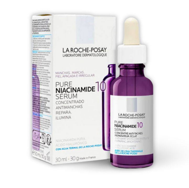 Bottle of La Roche-Posay Pure Niacinamide 10 Serum, 30ml size, with its distinct purple and white label.