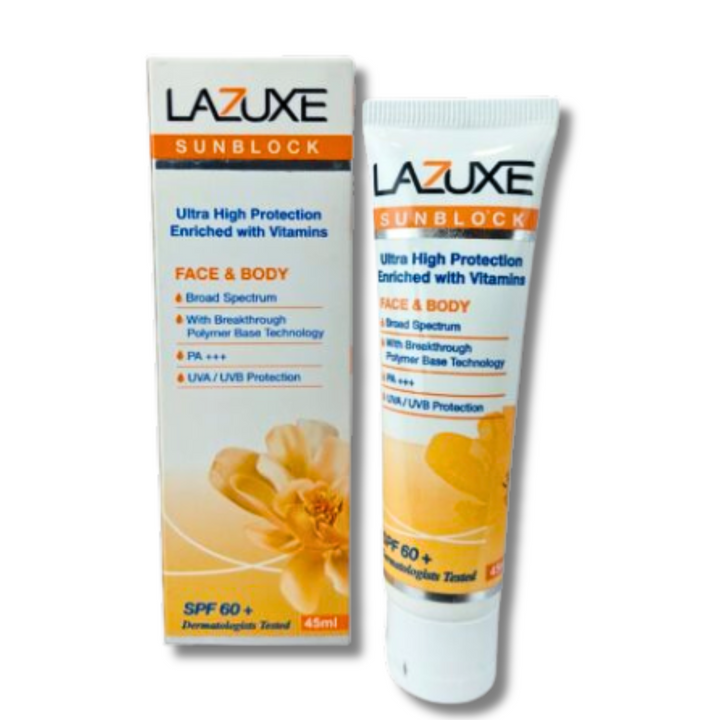 Lazuxe Sunblock SPF 60 PA+++ 30ml bottle, angled to show the product label and cap.
