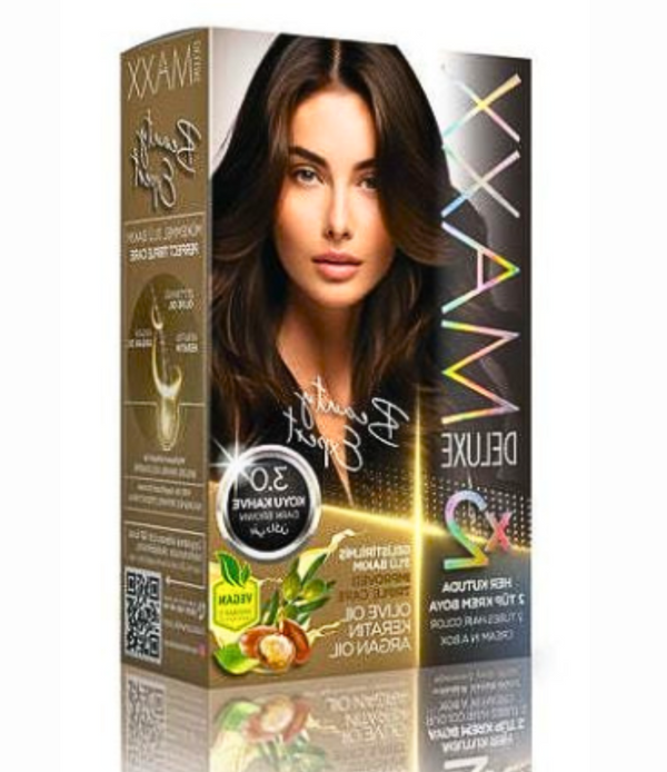 Maxx Deluxe 3.0 Dark Brown hair colour box, featuring a rich, dark brown shade.
