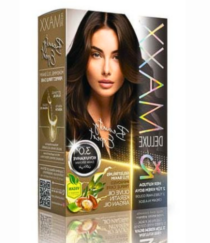 Maxx Deluxe 3.0 Dark Brown hair colour box, featuring a rich, dark brown shade.
