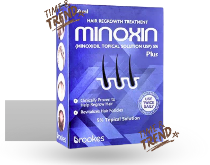 A 60ml spray bottle of Minoxin Plus 5% with a white and blue label, and a visible applicator.
