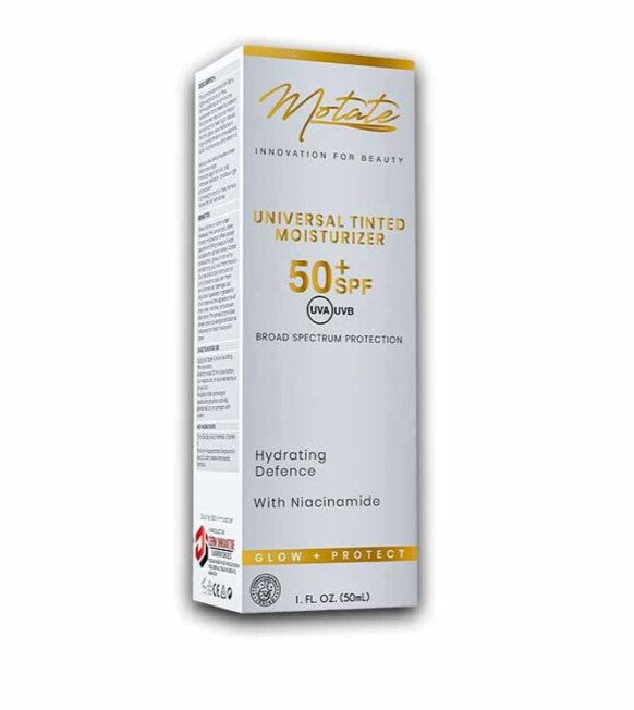"Motate Universal Tinted Moisturizer SPF 50 50ml tube, with green and white packaging.