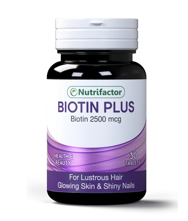 Nutrifactor Biotin Plus tablets bottle with a blue and white label, containing 30 tablets for hair, skin, and nail health.
