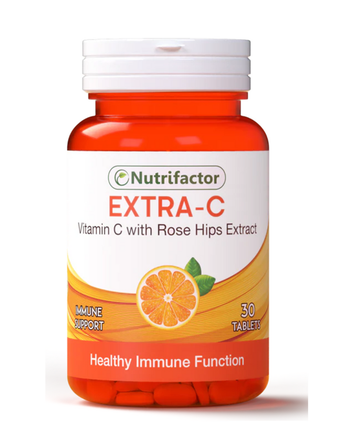 Nutrifactor Extra-C tablets bottle with a blue and white label, containing Vitamin C and Rose Hips Extract.
