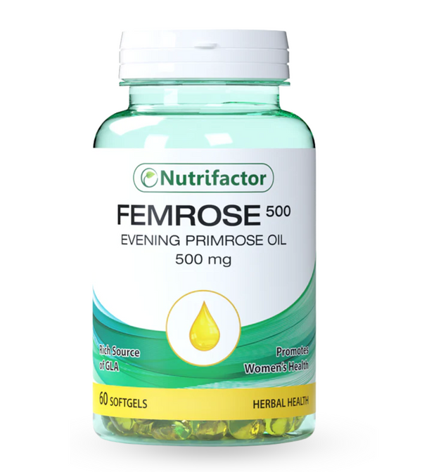 Nutrifactor Femrose 500 Softgels bottle, containing Evening Primrose Oil.

