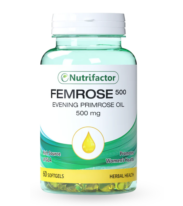 Nutrifactor Femrose 500 Softgels bottle, containing Evening Primrose Oil.
