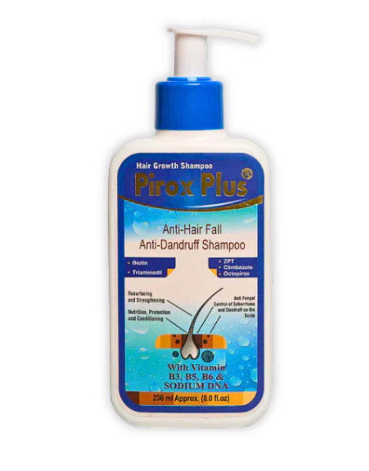 Pirox Plus Shampoo bottle, highlighting ingredients such as Biotin and Octopirox Olamine.
