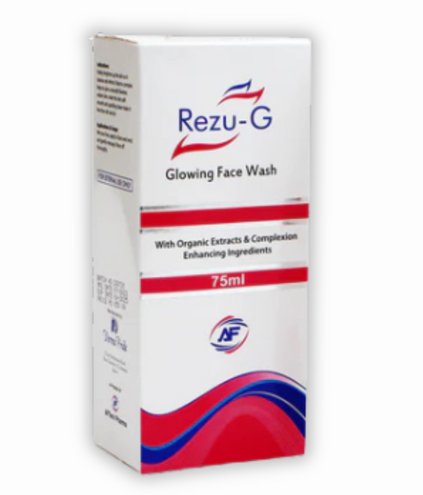  "Rezu-G Glowing Face Wash 75ml tube, a gel cleanser for brightening and acne control".