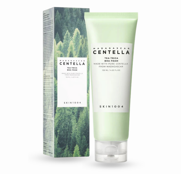 SKIN1004 Madagascar Centella Tea-Trica BHA Foam, a 125ml tube with a green and white design.
