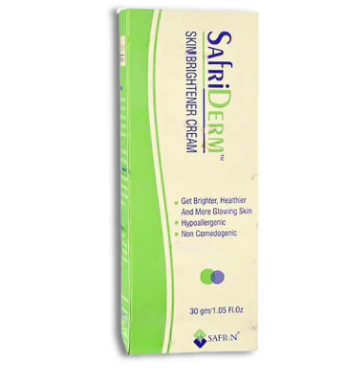 Safriderm Skin Brightening Cream 30gm for glowing, bright, and even skin tone – reduces pigmentation and dark spots.
