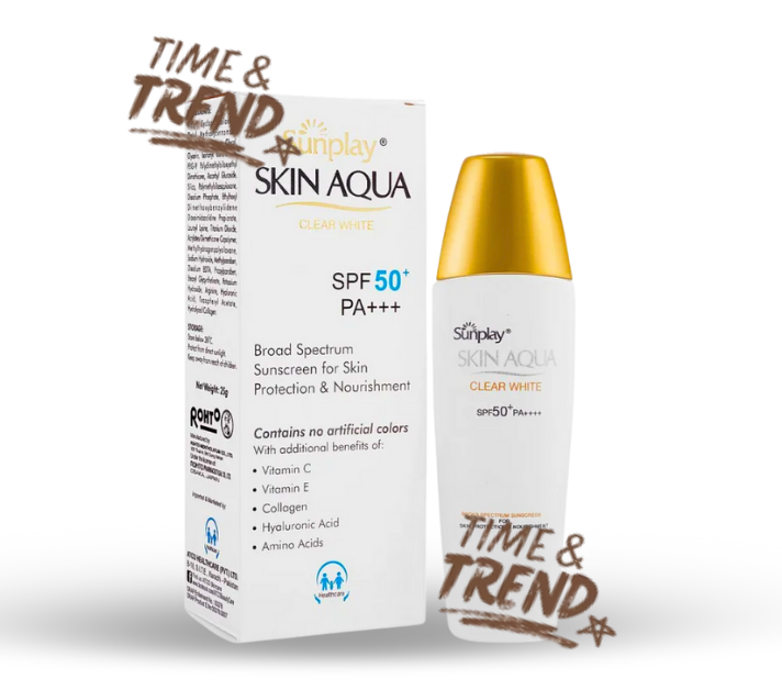 Skin Aqua Clear White 25g SPF 50 sunscreen being applied to skin, showcasing its clear, non-oily finish. 
