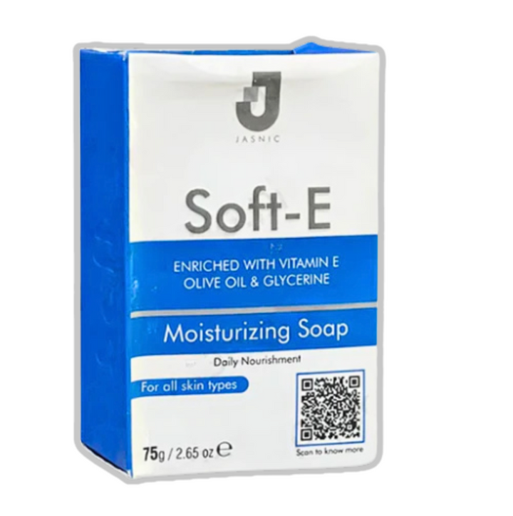 Soft-E Moisturizing Soap 75g with Vitamin E, Lanolin, and Olive Oil to gently cleanse and moisturize