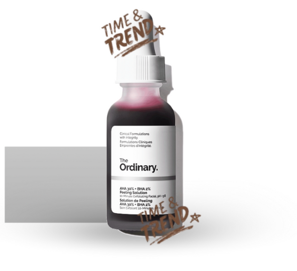 A 30ml frosted glass bottle of The Ordinary AHA 30% + BHA 2% Peeling Solution with a dropper. The solution inside is a dark, reddish-purple color.
