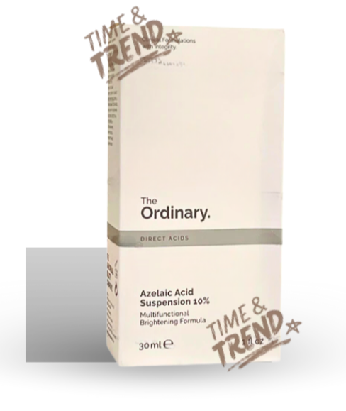 A white plastic tube of The Ordinary Azelaic Acid Suspension 10% with a white label and simple black font.
