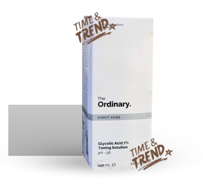 A 240ml bottle of The Ordinary Glycolic Acid 7% Toning Solution, with a white label and simple black font.
