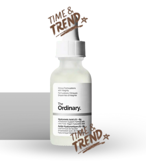 A 30ml frosted glass bottle of The Ordinary Hyaluronic Acid 2% + B5 Serum with a dropper, featuring a white label with black lettering.
