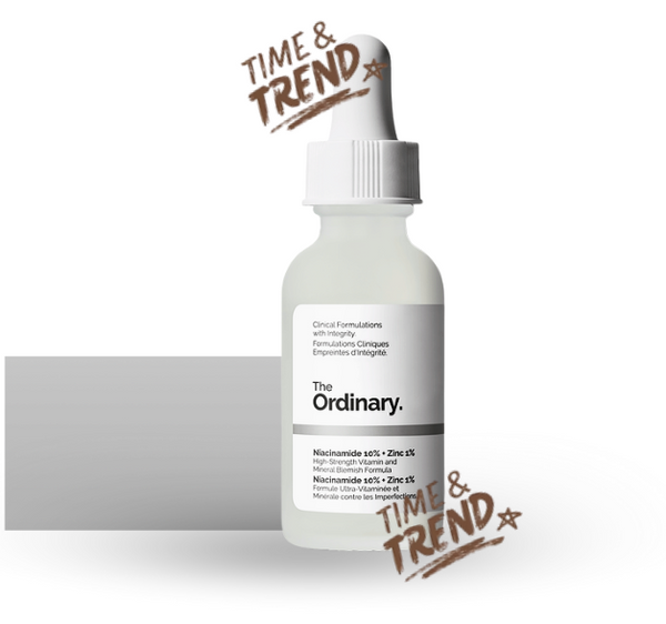 A 30ml frosted glass bottle of The Ordinary Niacinamide 10% + Zinc 1% serum with a dropper, featuring a white label with black lettering.
