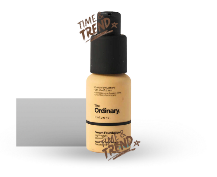 A 30ml frosted glass bottle of The Ordinary Serum Foundation with a dropper, featuring a white label with black lettering.
