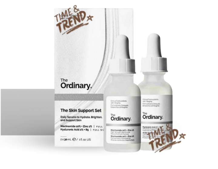 The Ordinary The Skin Support Set, a retail box containing two 30ml frosted glass bottles: one of Hyaluronic Acid 2% + B5 serum and one of Niacinamide 10% + Zinc 1% serum.
