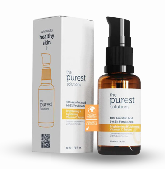 "The Purest Solutions Brightening and Lightening Vitamin C serum in a 30ml bottle with a dropper".

