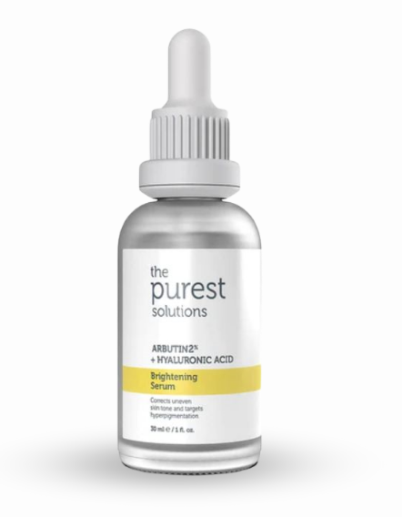 "The Purest Solutions brightening serum in a 30ml clear glass bottle with a dropper"
